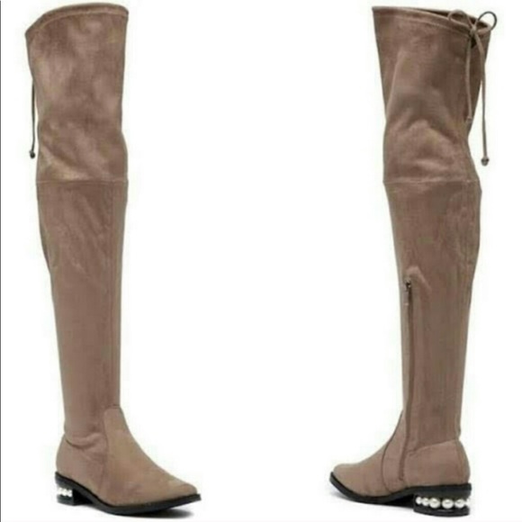 OTK taupe/ tan stretch boots with PEARLS in heels! - Picture 3 of 13